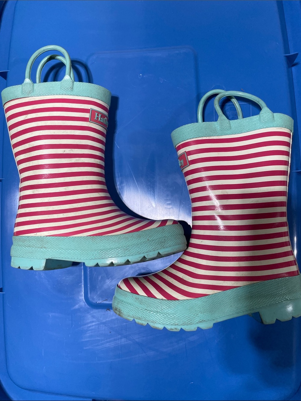 Hatley Kids Striped Pink and Aqua Waterproof Rain Boots size 8